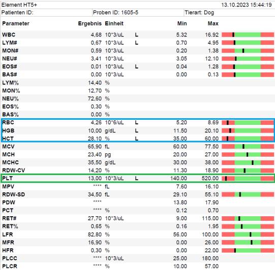 Blutbild; die roten Blutkörperchen (blau) sind deutlich, die Blutplättchen (grün) stark erniedrigt