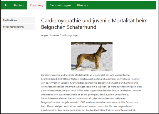 Eine neue Krankheit wurde entdeckt - Ausschnitt der Website der Veterinärgenetik der Vetsuisse-Fakultät Bern
